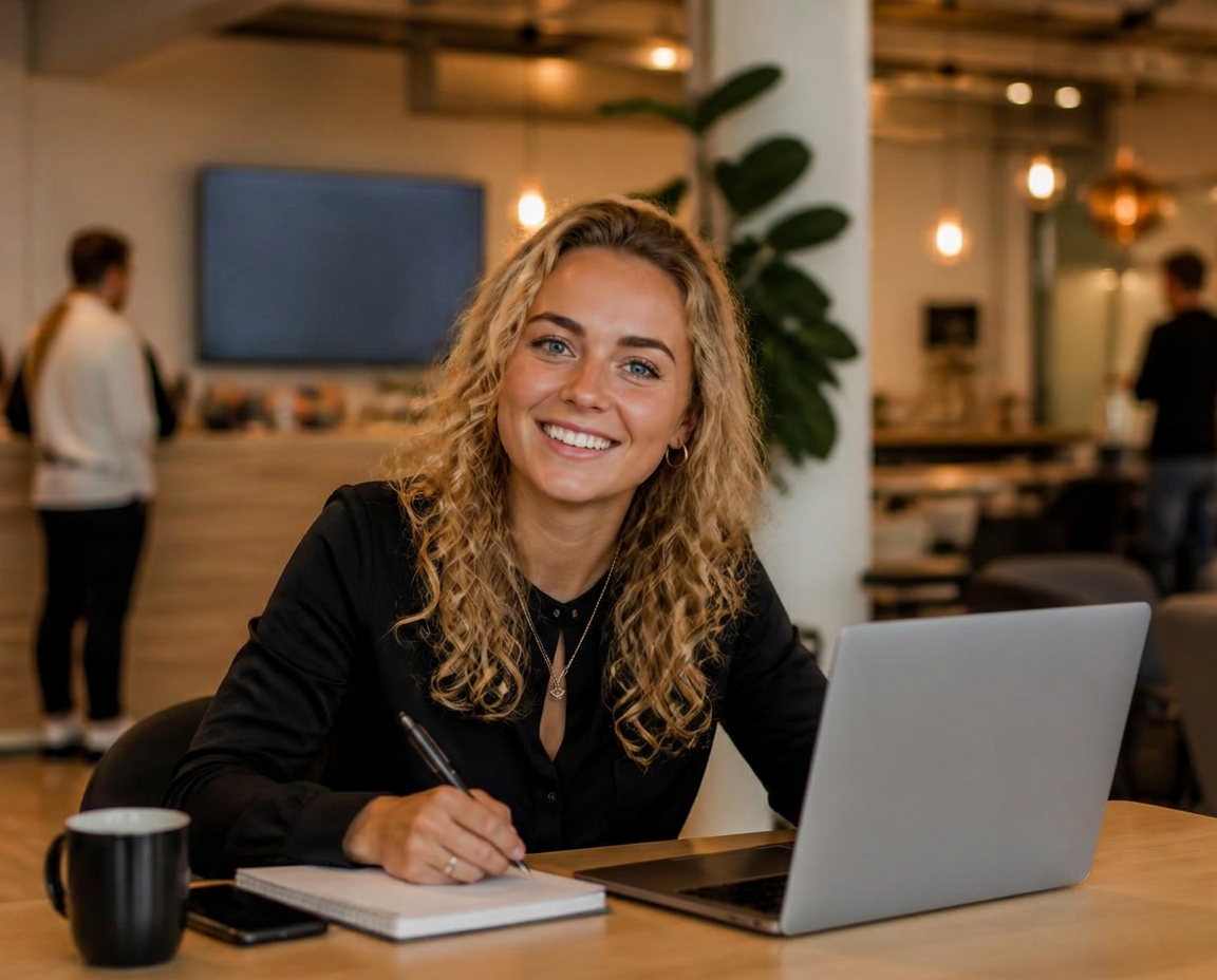 Lachende trainee aan het werk met laptop en notitieblok op kantoor
