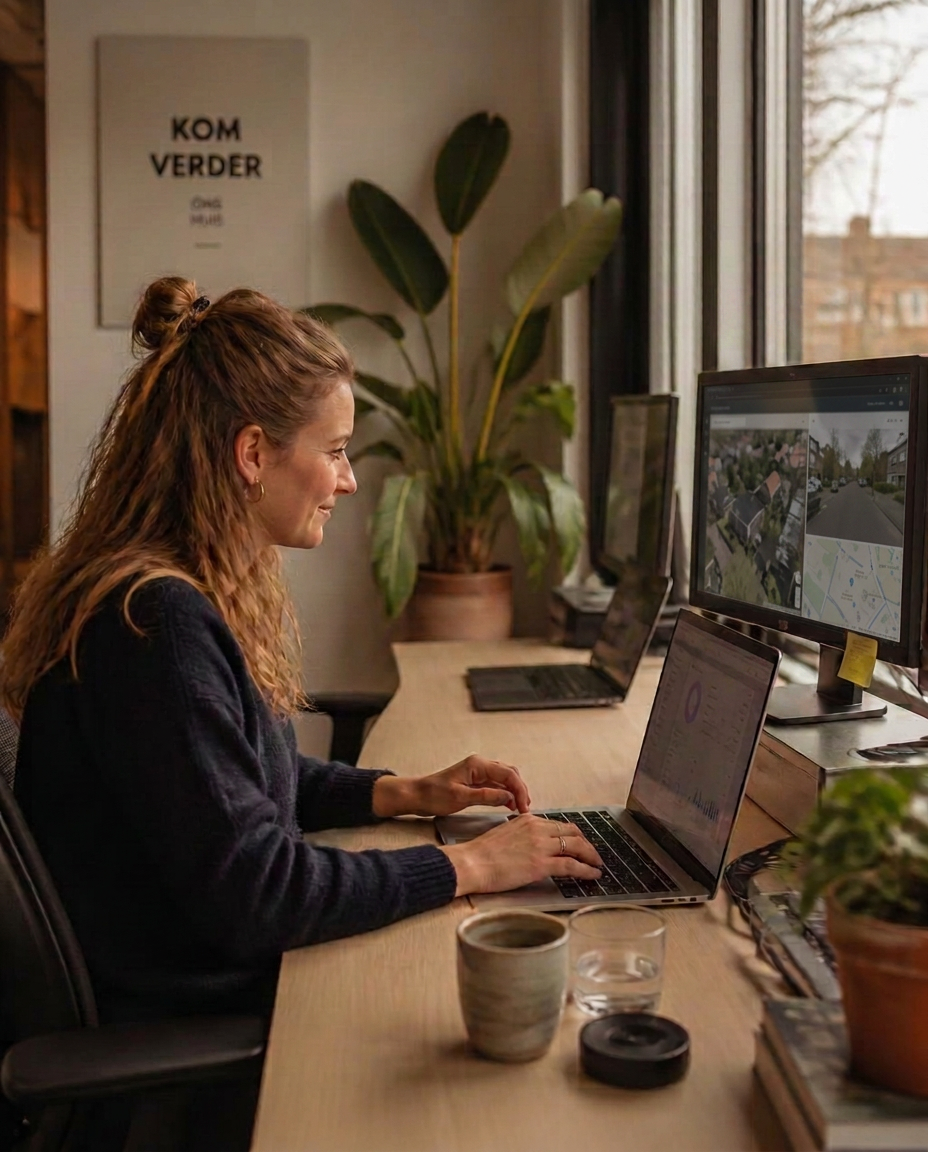 Collega werkt achter een laptop, op het beeldscherm vaag een geo-applicatie met luchtfoto en straatbeeld