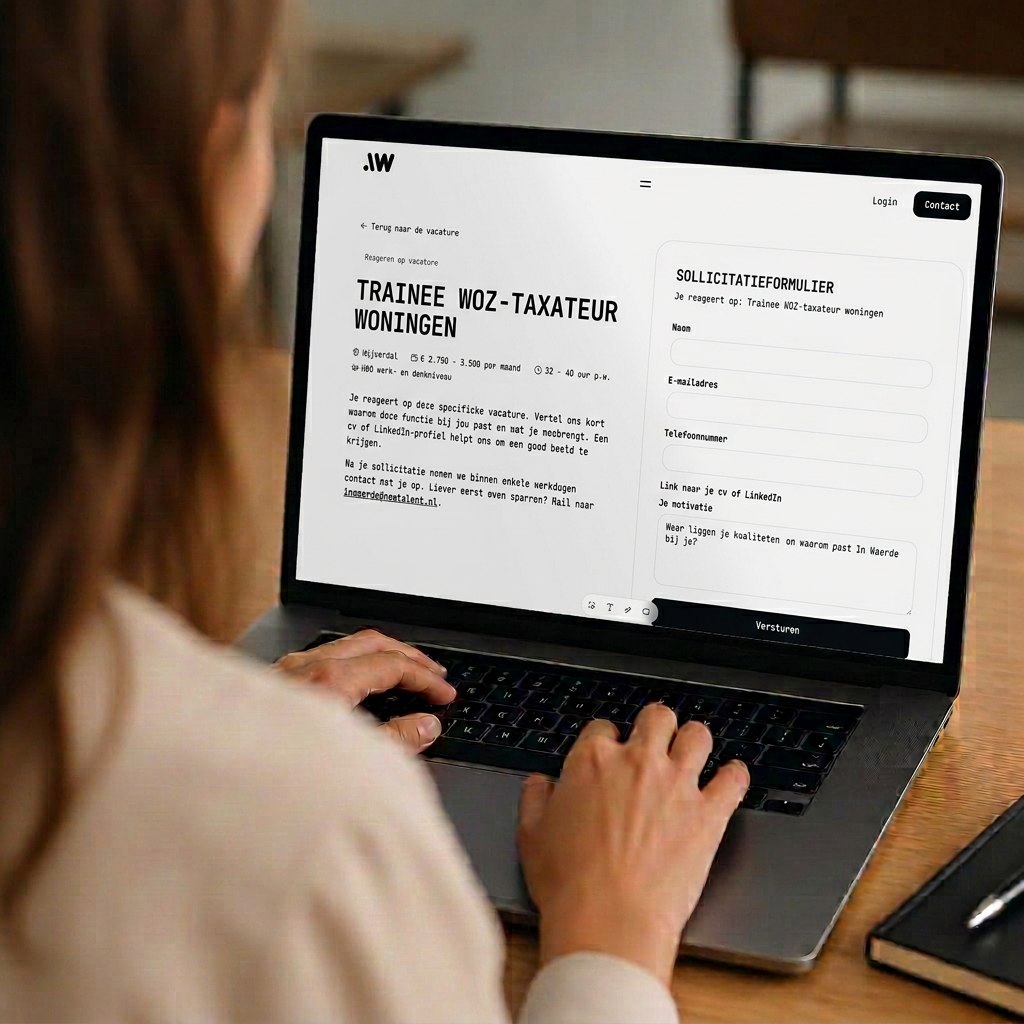 Vrouw vult het sollicitatieformulier op de In Waerde website in